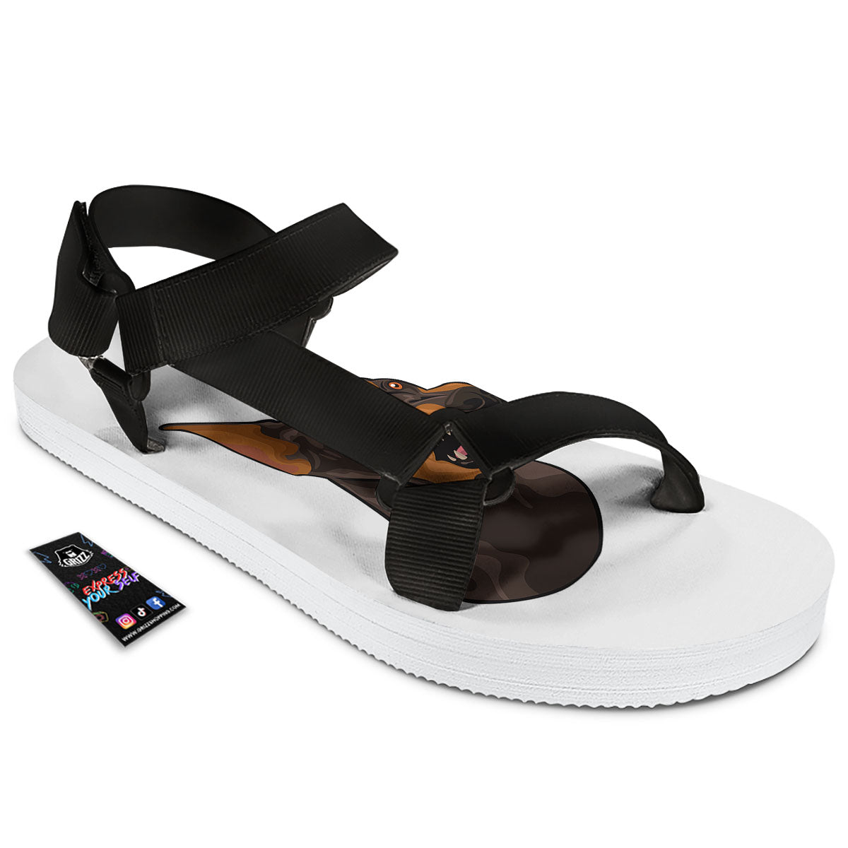 Portrait Dobermann Print Black Open Toe Sandals-grizzshop