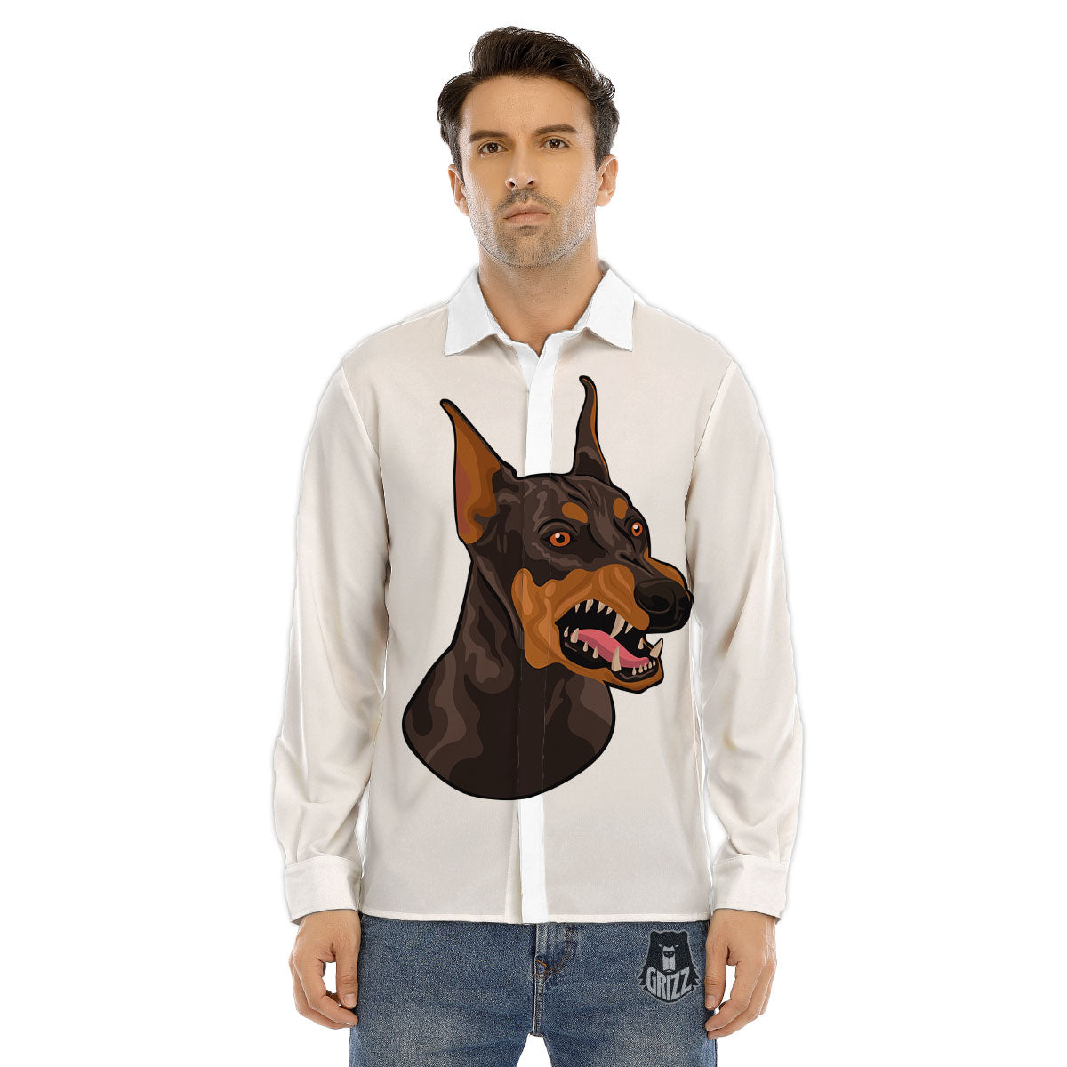 Portrait Dobermann Print Men's Dress Shirts-grizzshop