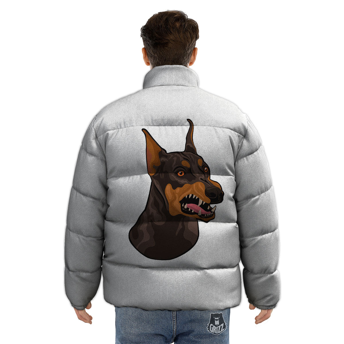 Portrait Dobermann Print Puffer Jacket-grizzshop
