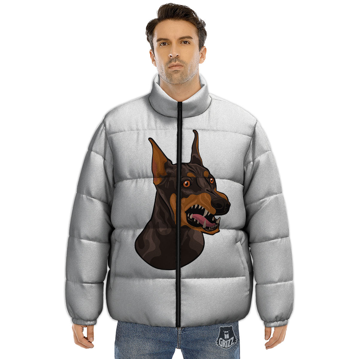 Portrait Dobermann Print Puffer Jacket-grizzshop