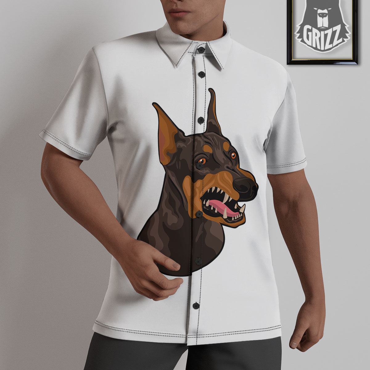Portrait Dobermann Print Untucked Shirts-grizzshop