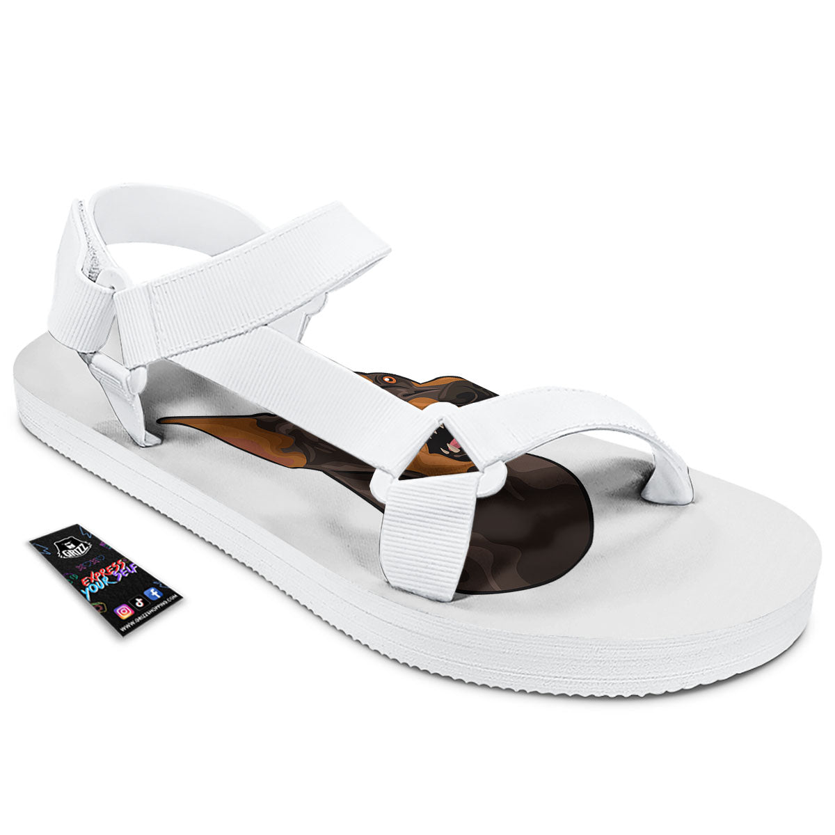 Portrait Dobermann Print White Open Toe Sandals-grizzshop