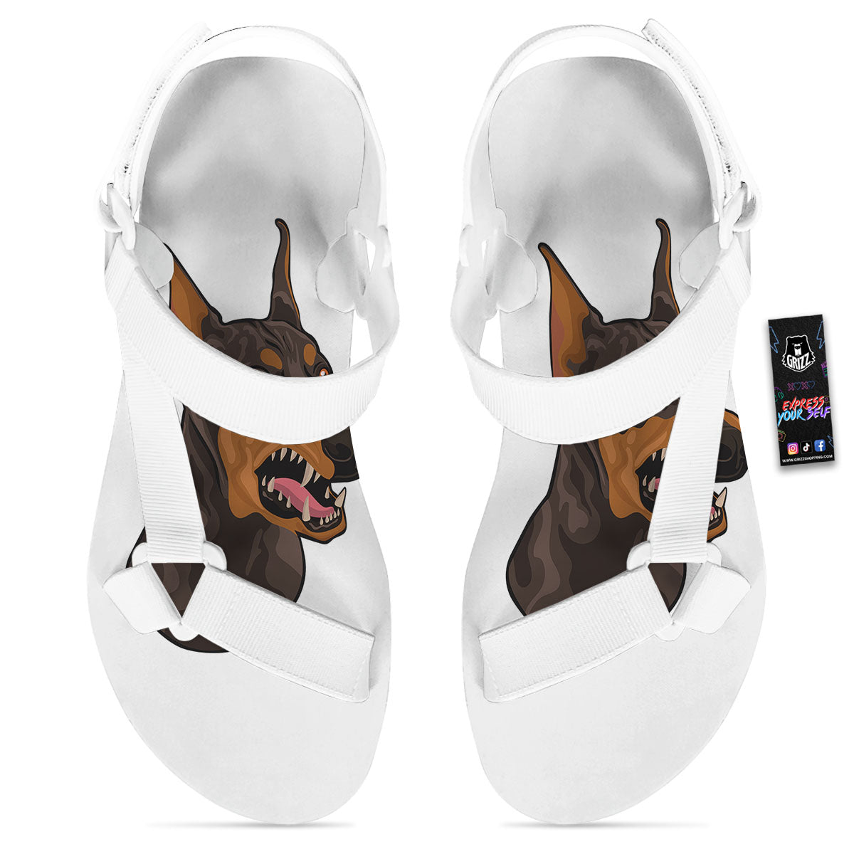 Portrait Dobermann Print White Open Toe Sandals-grizzshop