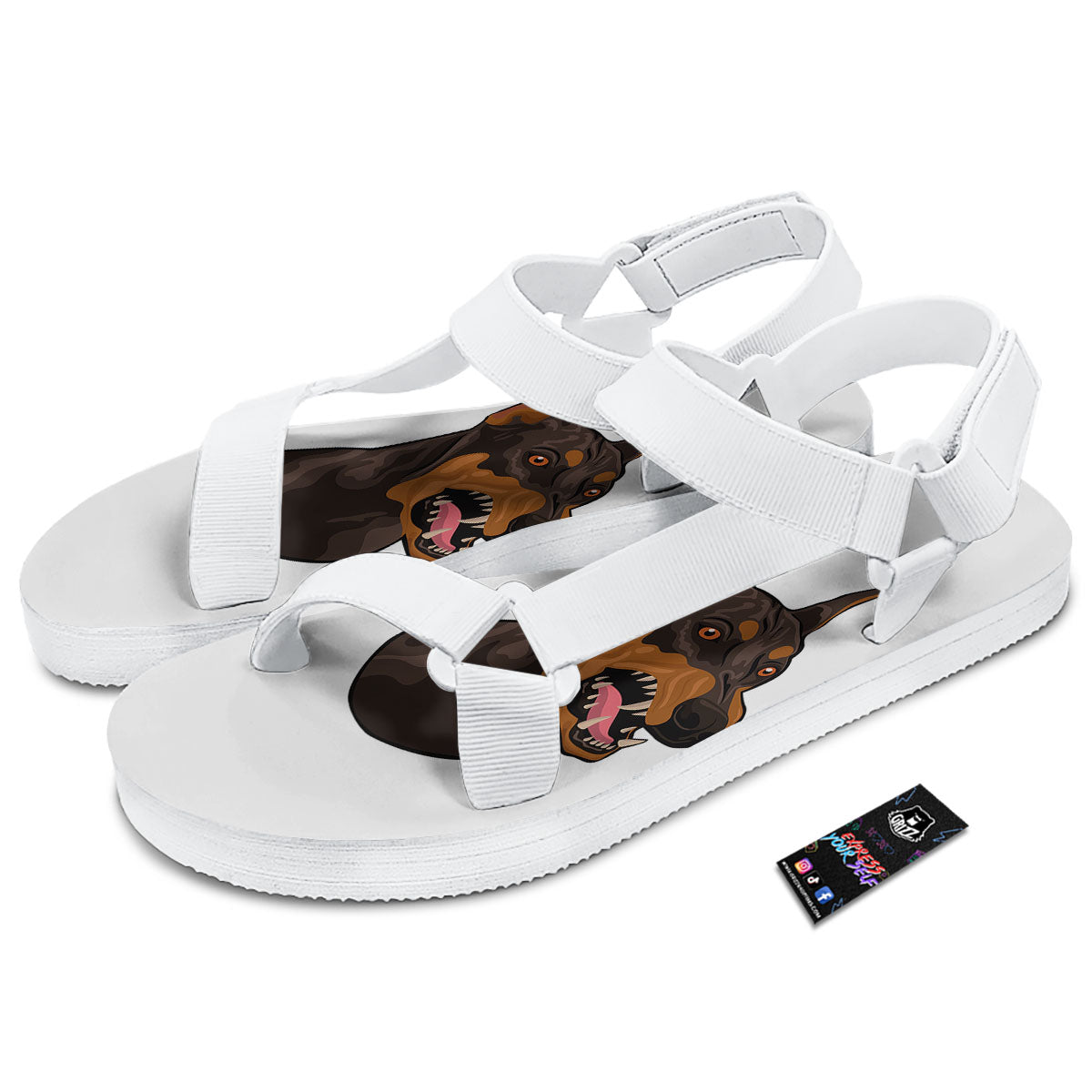 Portrait Dobermann Print White Open Toe Sandals-grizzshop