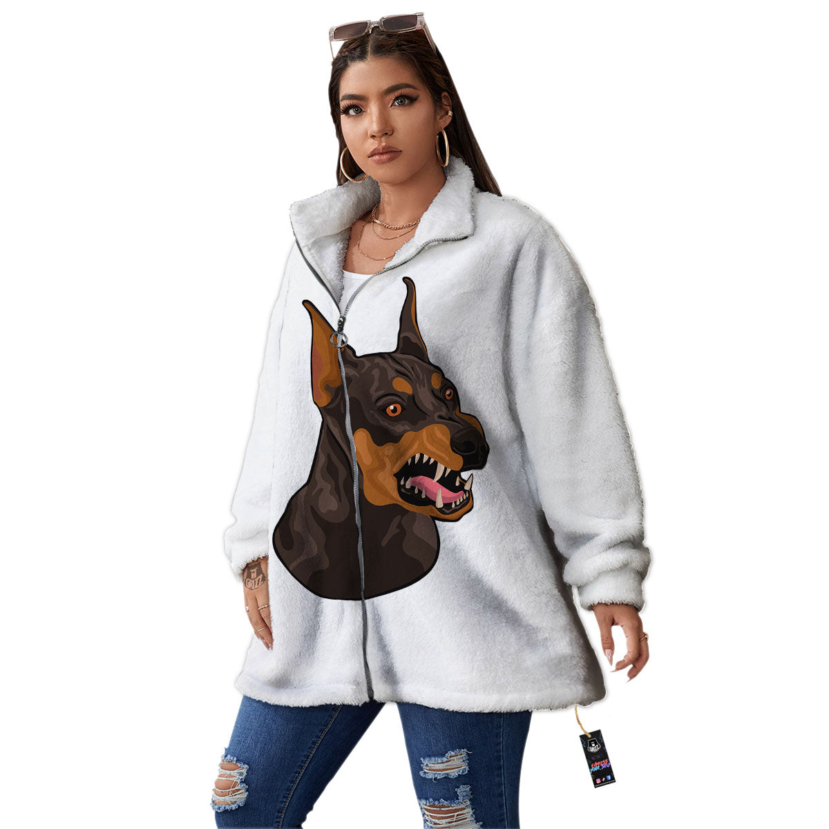 Portrait Dobermann Print Women's Sherpa Jacket-grizzshop
