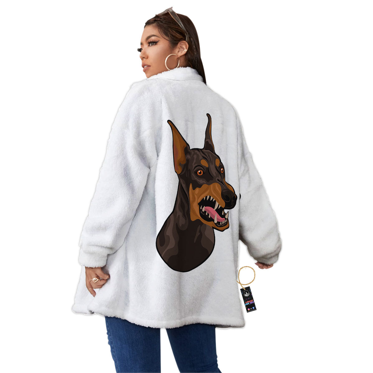 Portrait Dobermann Print Women's Sherpa Jacket-grizzshop