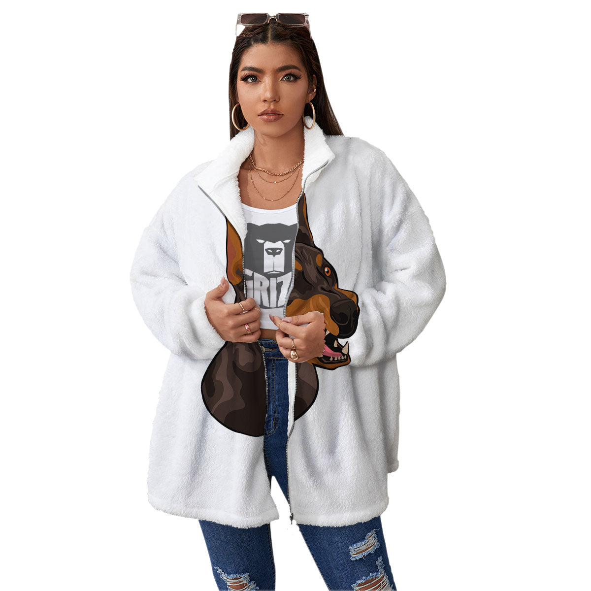 Portrait Dobermann Print Women's Sherpa Jacket-grizzshop