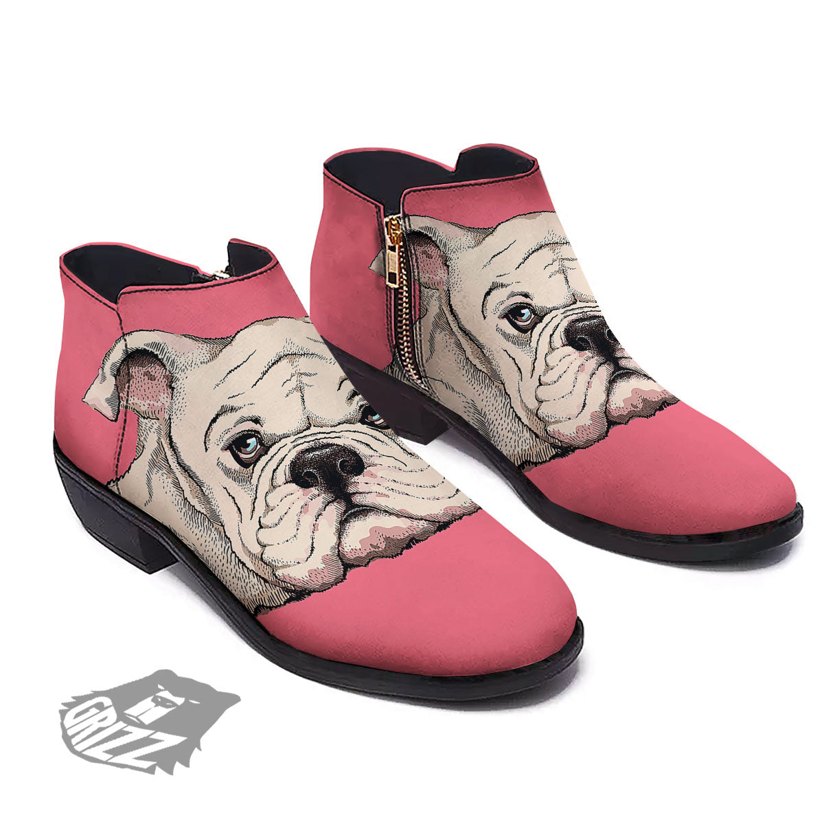 Portrait English Bulldog Print Ankle Boots-grizzshop
