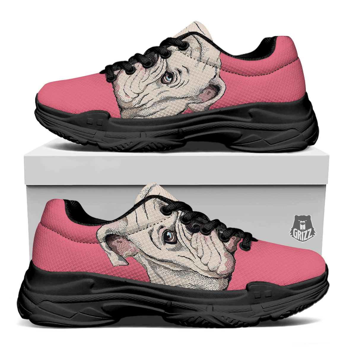 Portrait English Bulldog Print Black Chunky Shoes-grizzshop