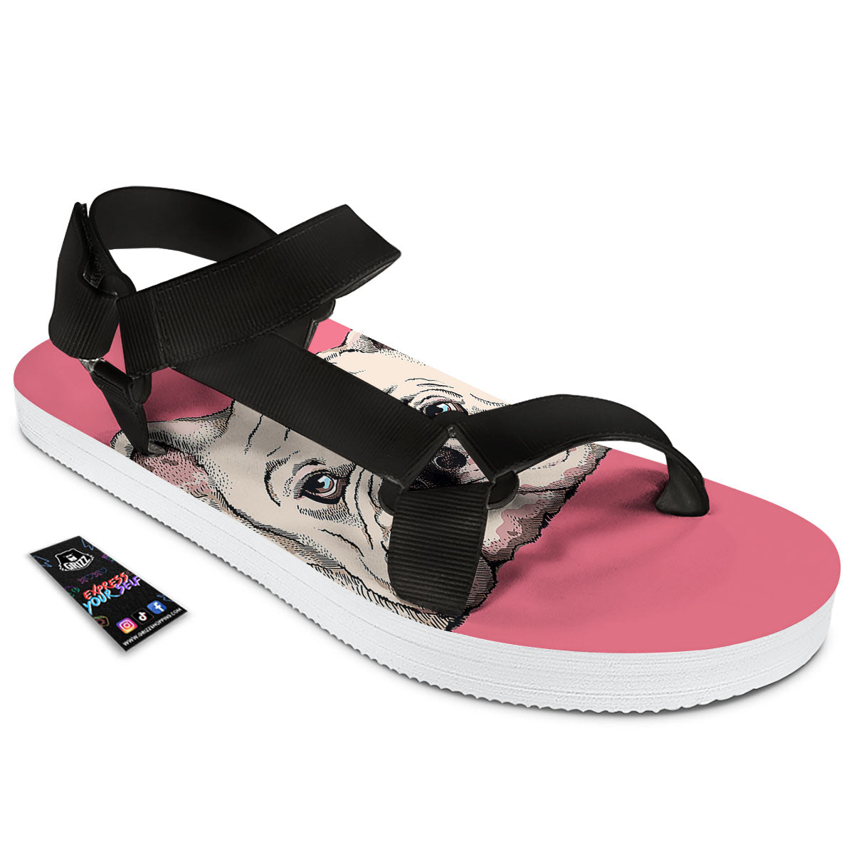 Portrait English Bulldog Print Black Open Toe Sandals-grizzshop
