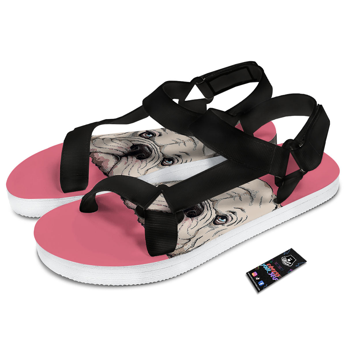Portrait English Bulldog Print Black Open Toe Sandals-grizzshop