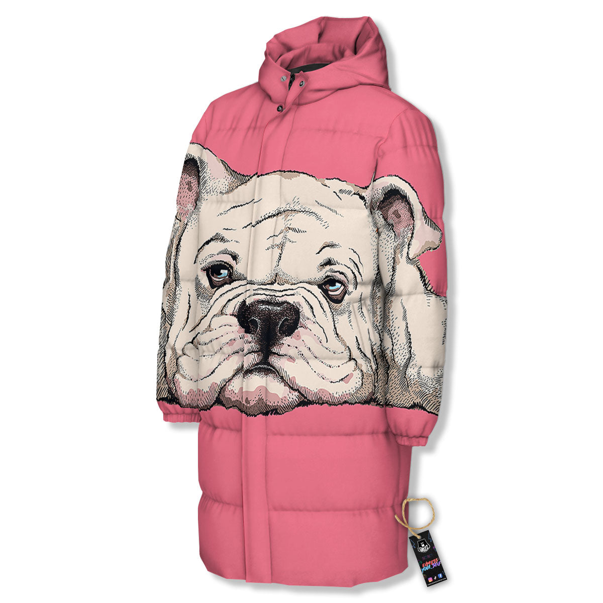 Portrait English Bulldog Print Long Down Jacket-grizzshop