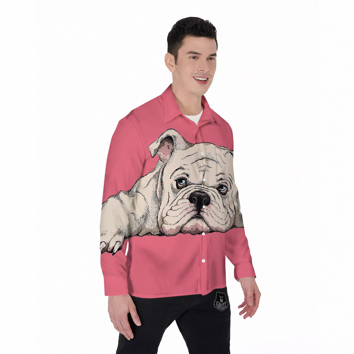 Portrait English Bulldog Print Men's Long Sleeve Shirts-grizzshop