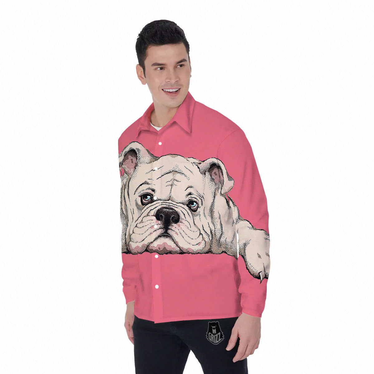 Portrait English Bulldog Print Men's Long Sleeve Shirts-grizzshop