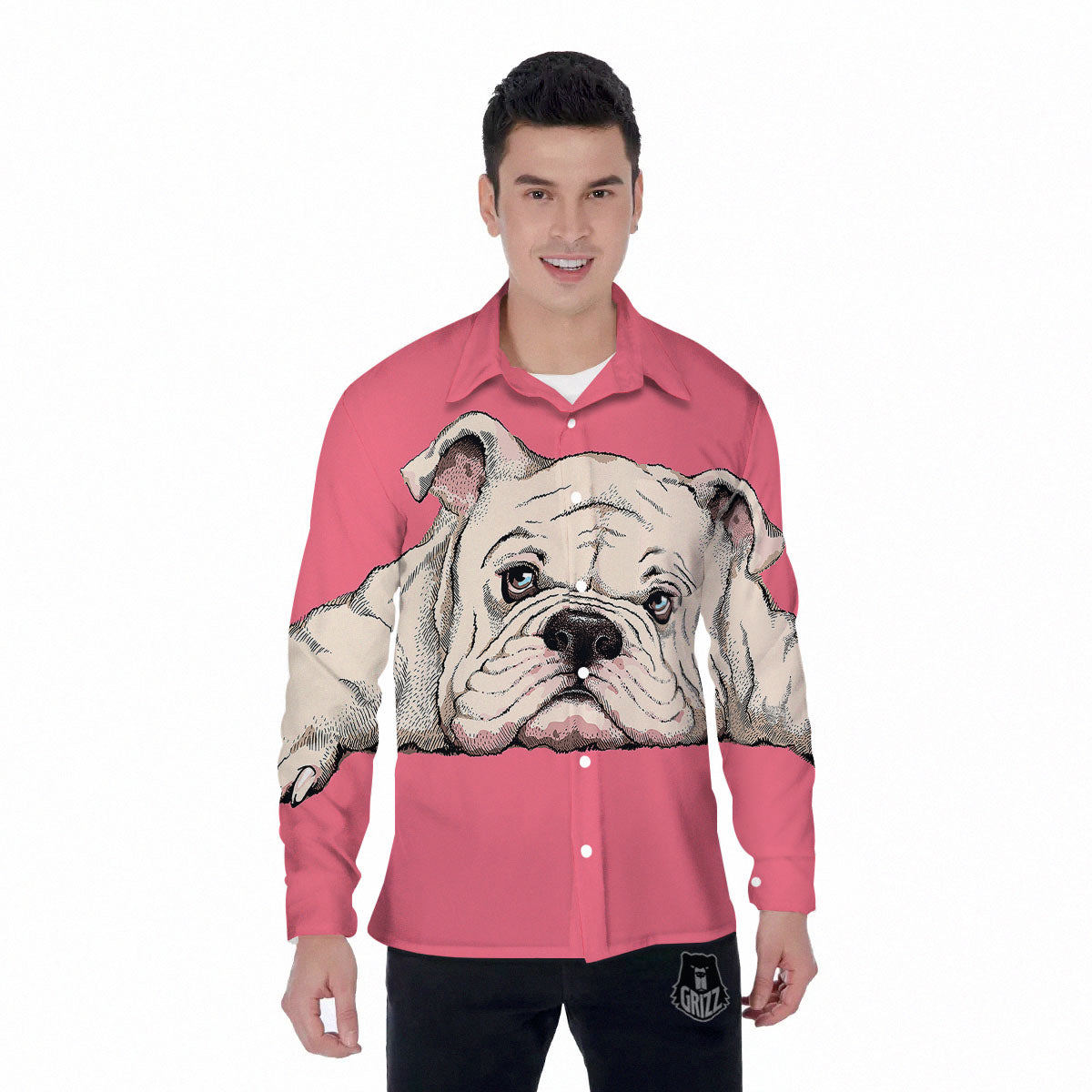 Portrait English Bulldog Print Men's Long Sleeve Shirts-grizzshop