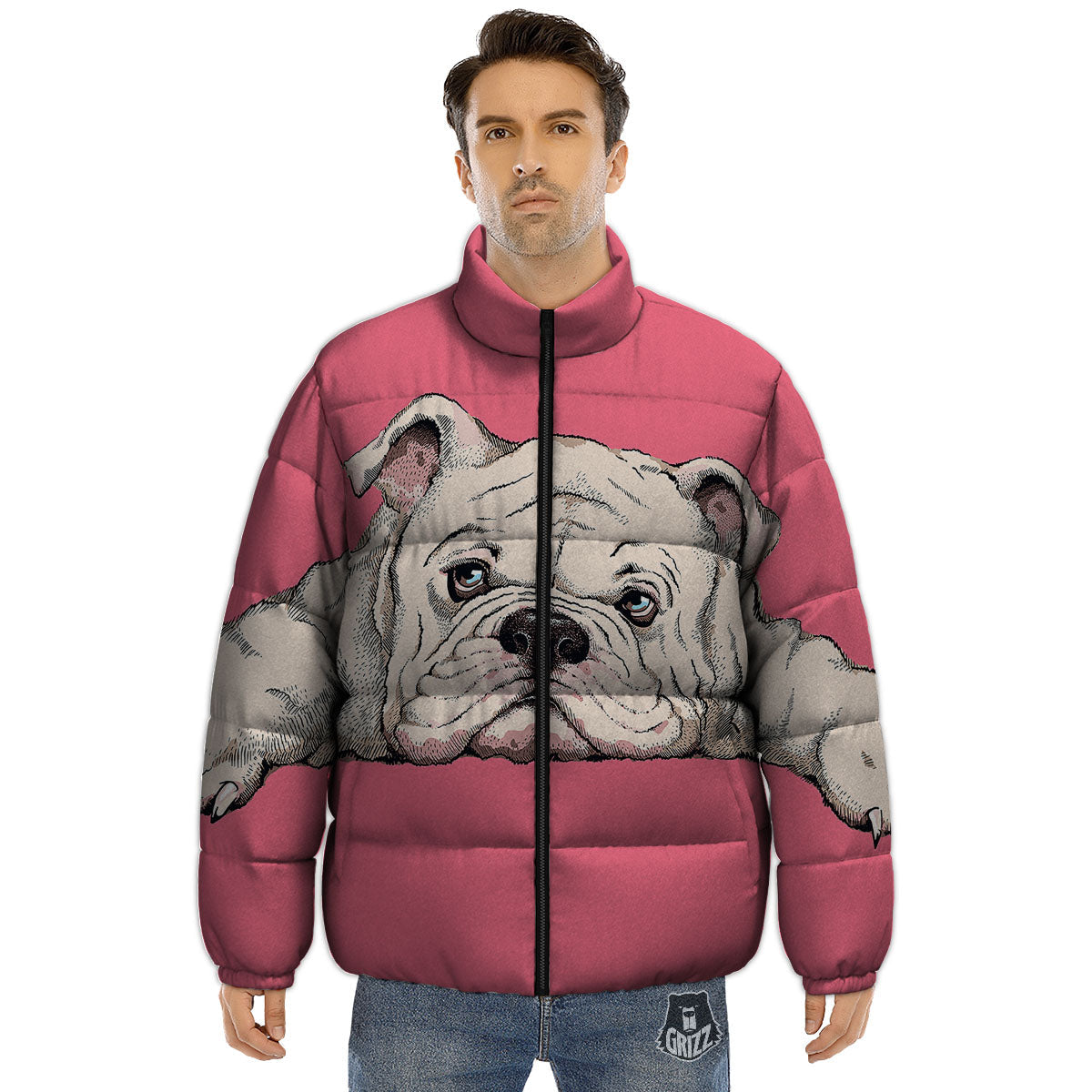 Portrait English Bulldog Print Puffer Jacket-grizzshop