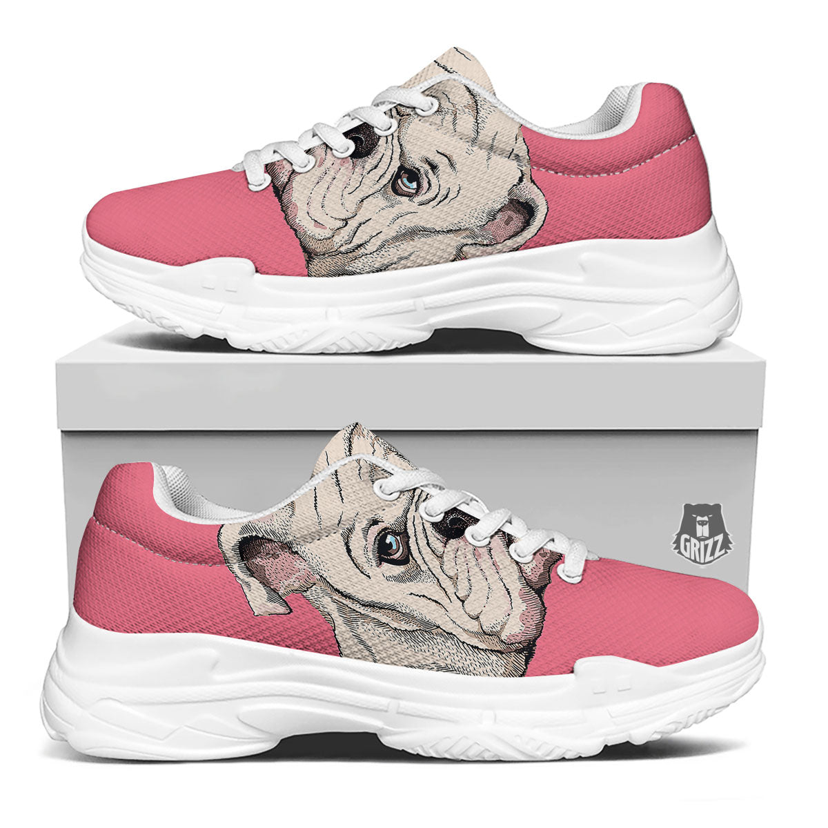 Portrait English Bulldog Print White Chunky Shoes-grizzshop