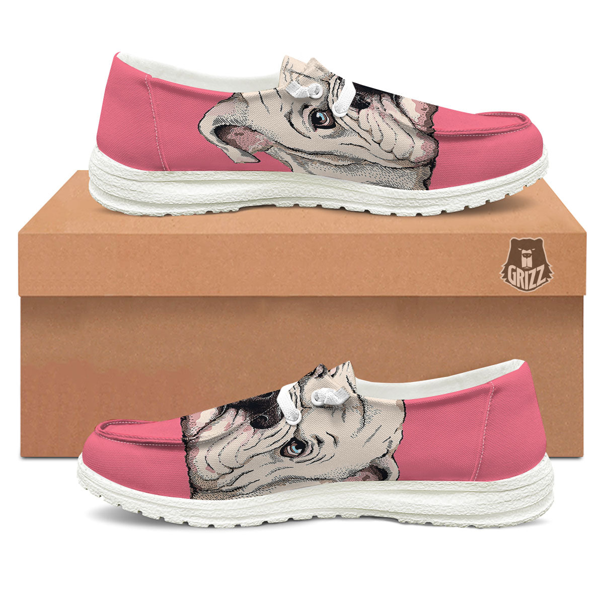 Portrait English Bulldog Print White Loafers-grizzshop