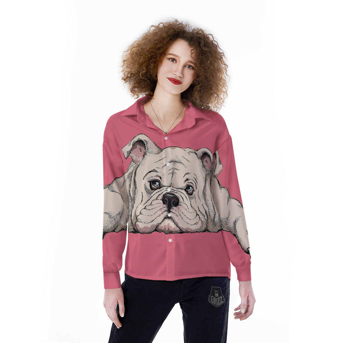Portrait English Bulldog Print Women's Long Sleeve Shirts-grizzshop