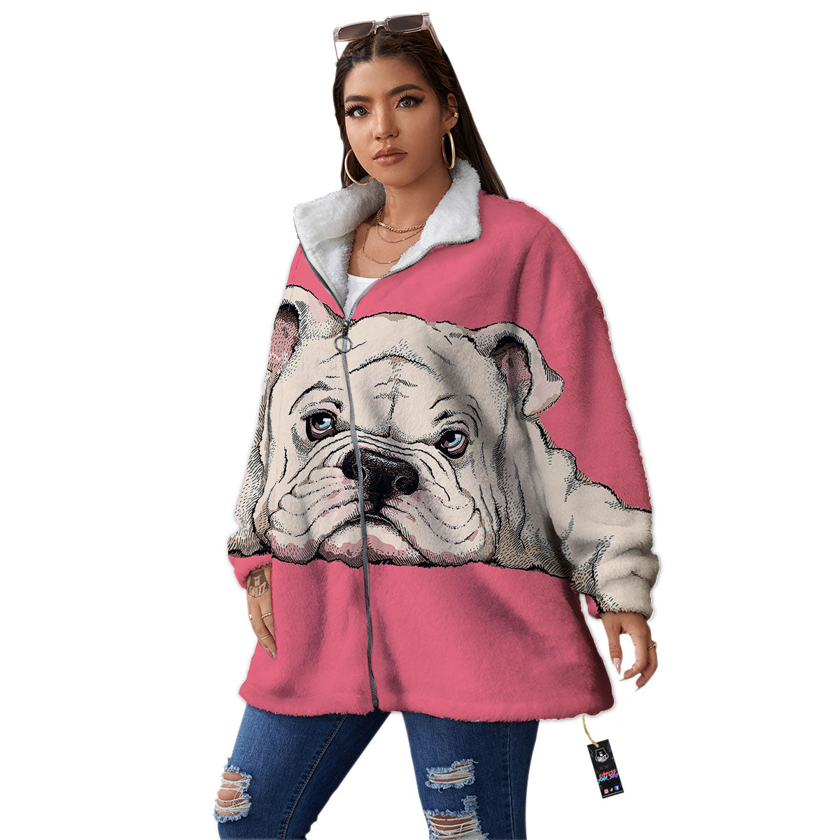 Portrait English Bulldog Print Women's Sherpa Jacket-grizzshop