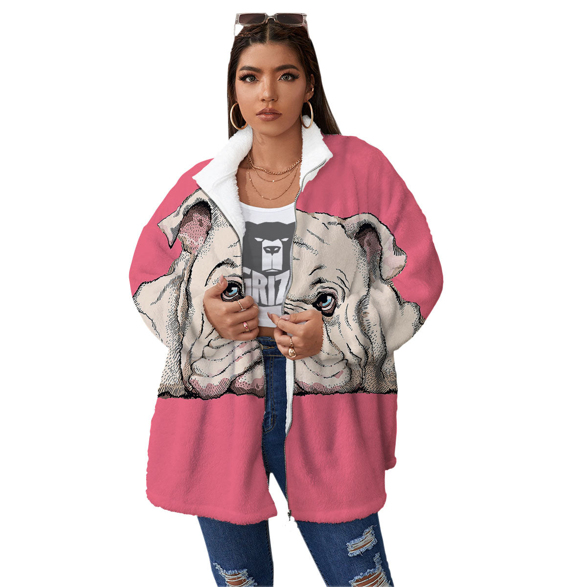 Portrait English Bulldog Print Women's Sherpa Jacket-grizzshop
