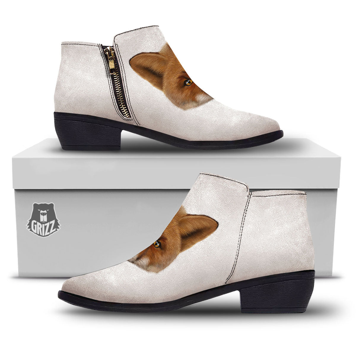 Portrait Fox Print Ankle Boots-grizzshop