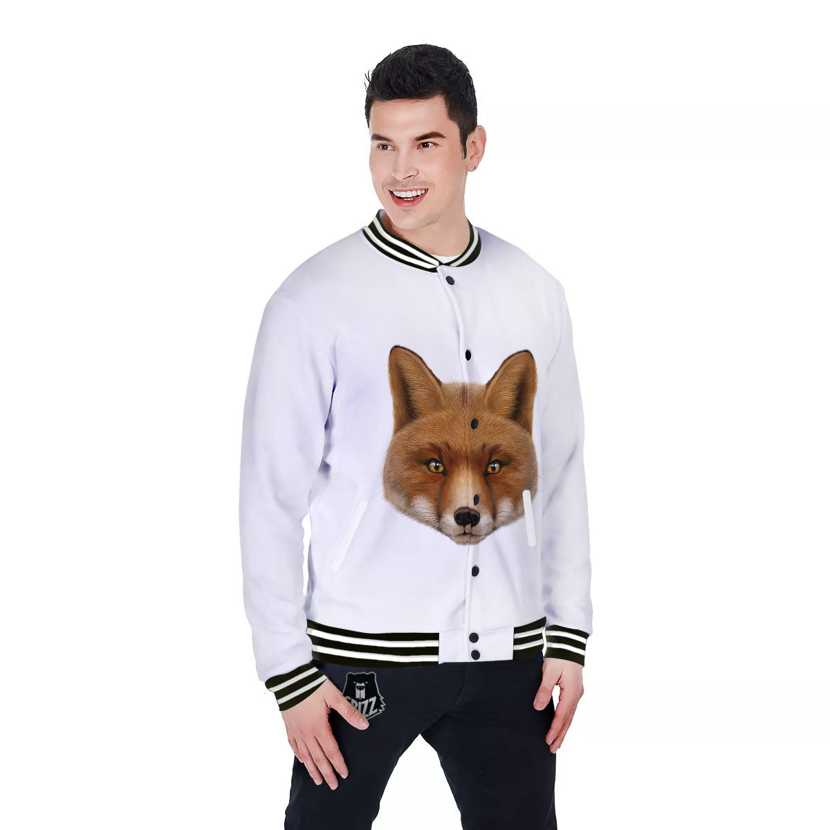 Portrait Fox Print Baseball Jacket-grizzshop