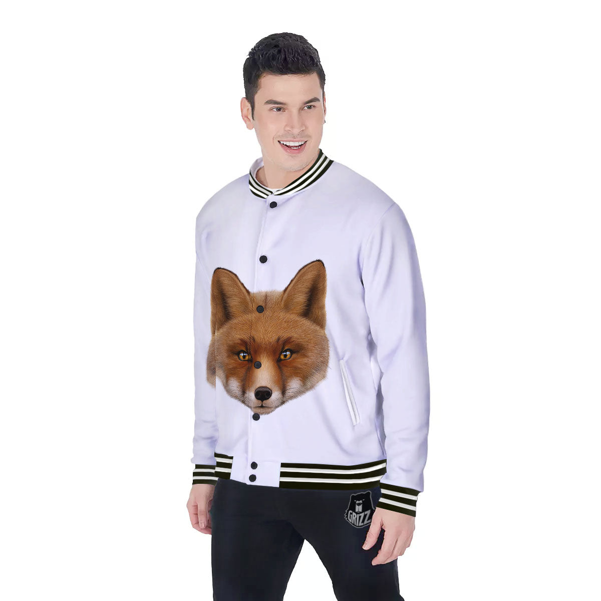 Portrait Fox Print Baseball Jacket-grizzshop