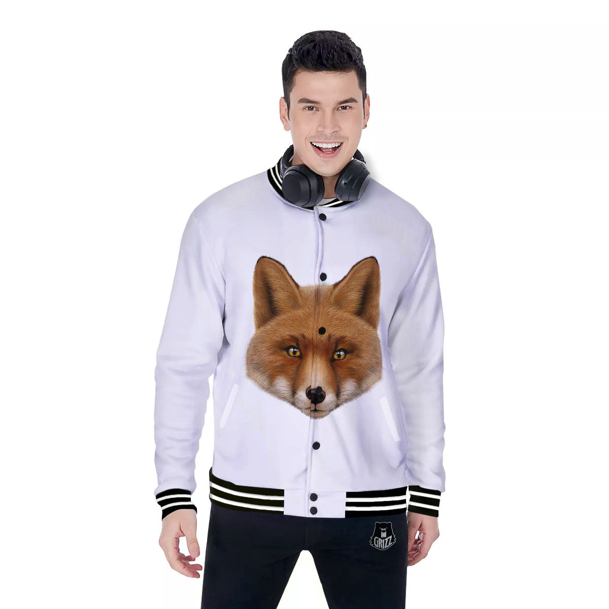 Portrait Fox Print Baseball Jacket-grizzshop