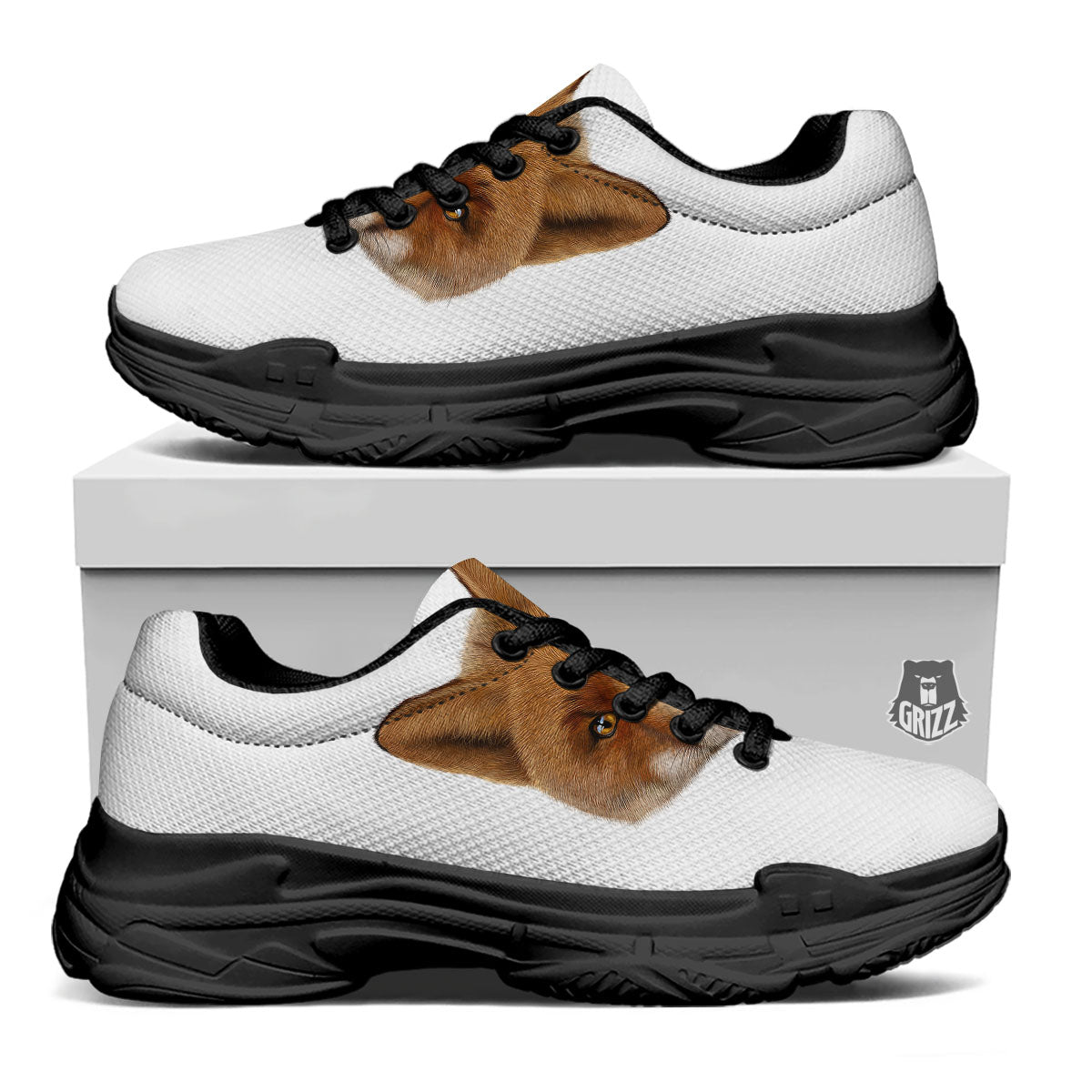 Portrait Fox Print Black Chunky Shoes-grizzshop