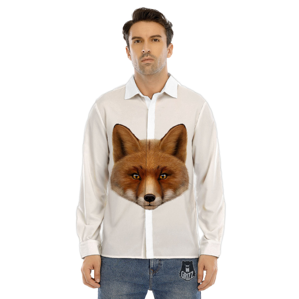 Portrait Fox Print Men's Dress Shirts-grizzshop