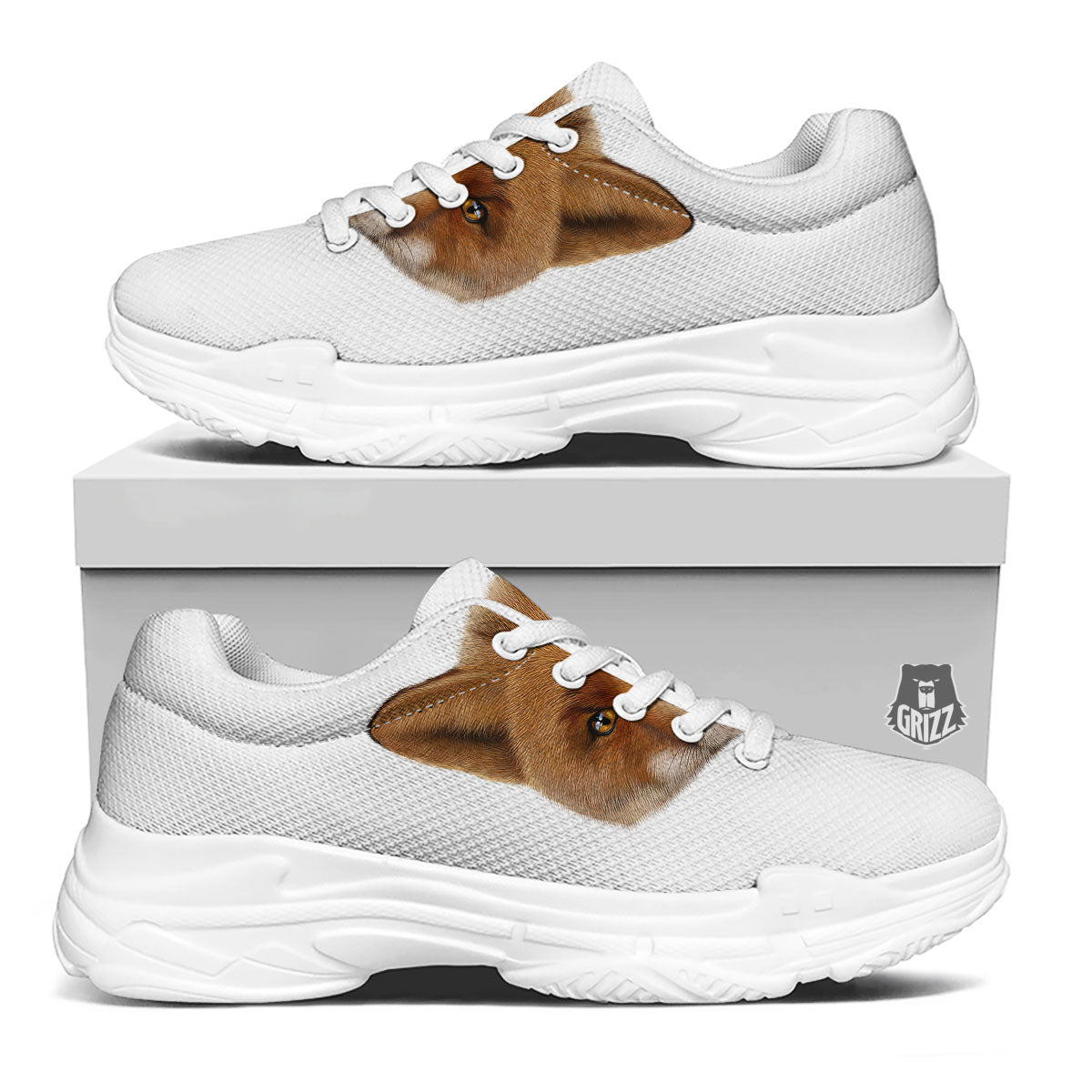 Portrait Fox Print White Chunky Shoes-grizzshop