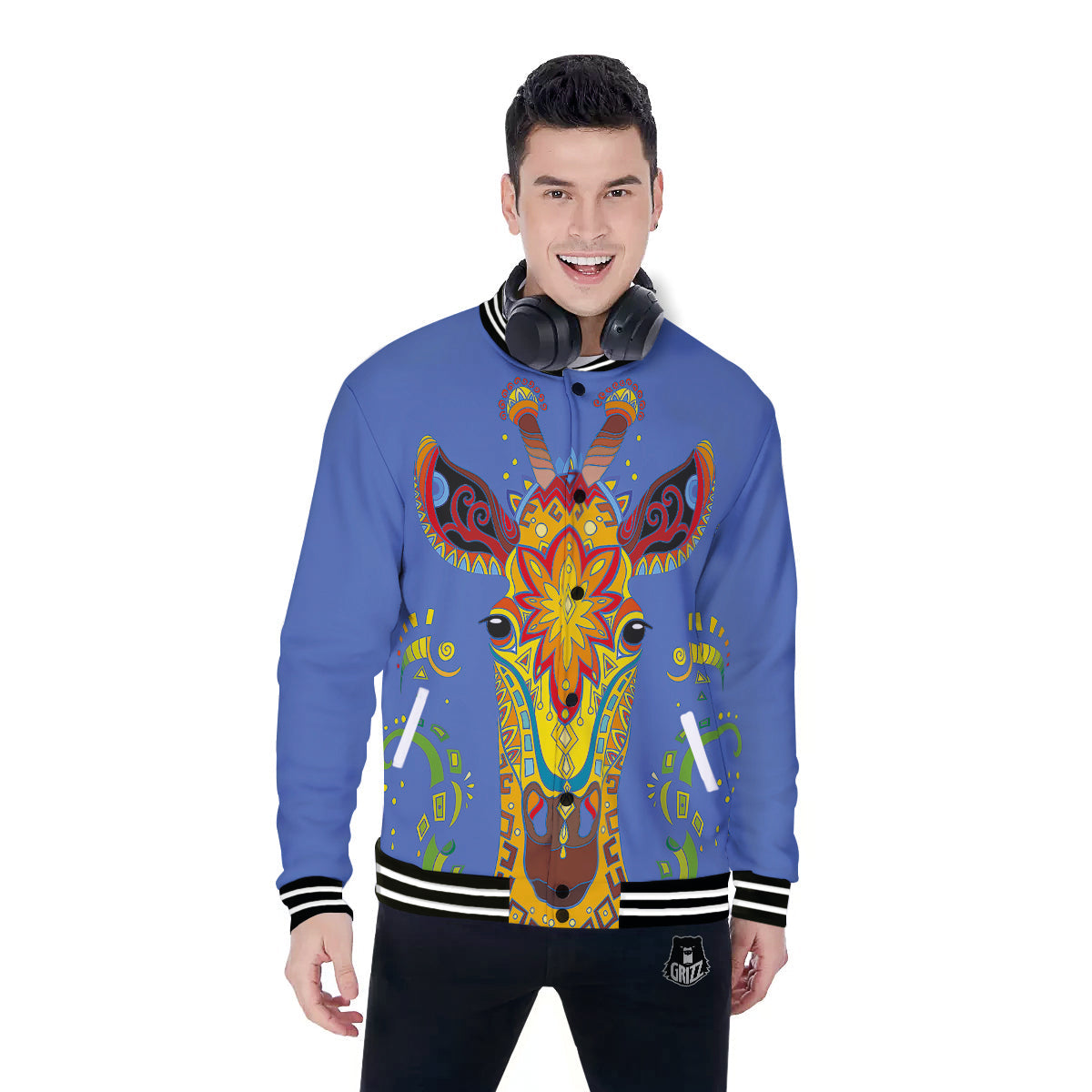 Portrait Giraffe Colorful Print Baseball Jacket-grizzshop