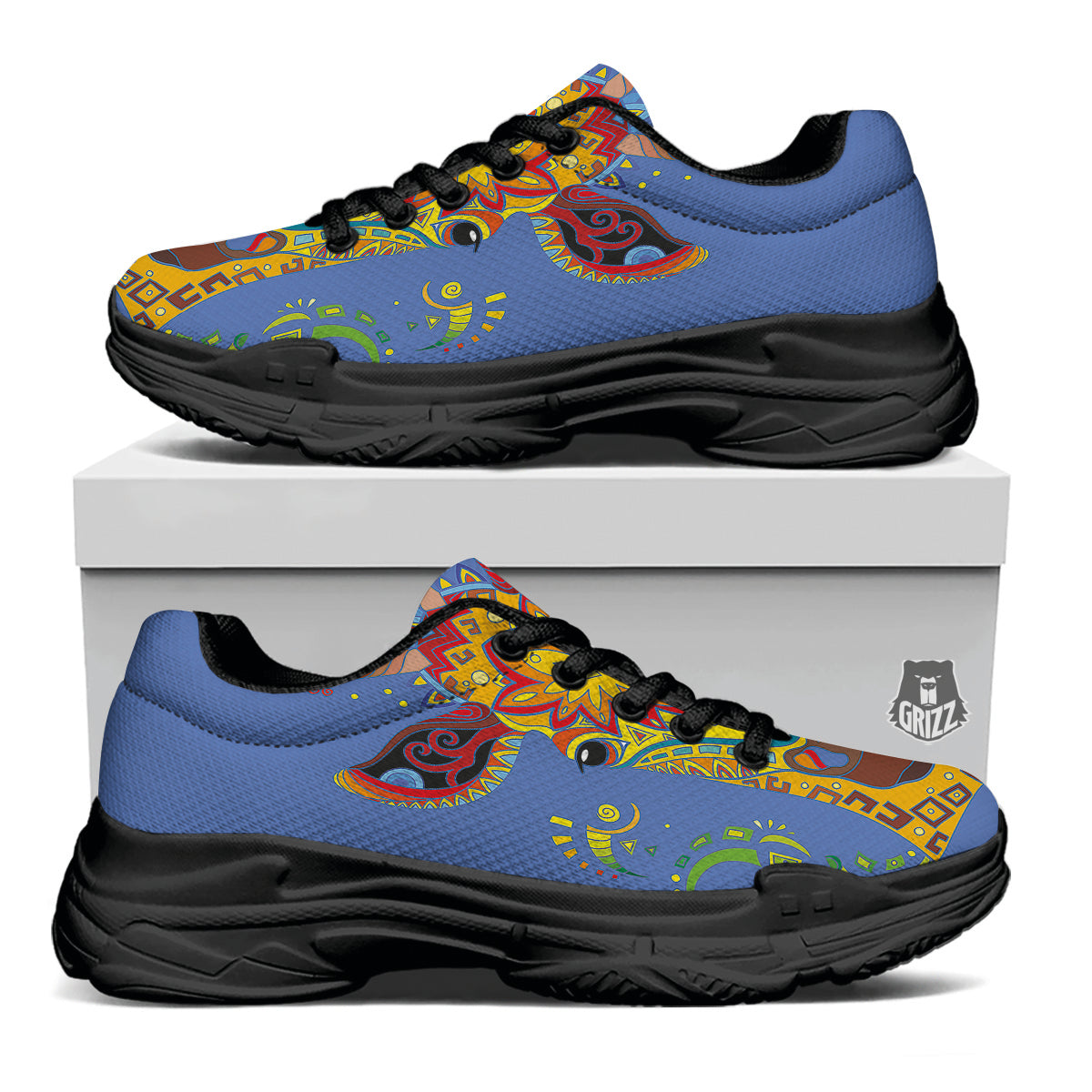 Portrait Giraffe Colorful Print Black Chunky Shoes-grizzshop