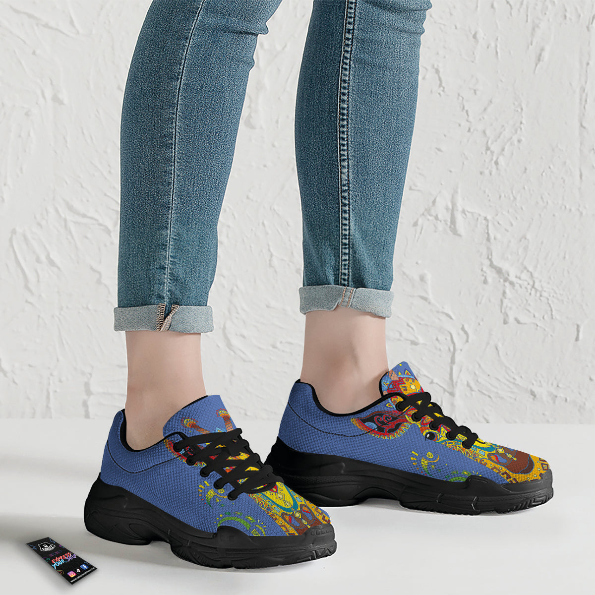 Portrait Giraffe Colorful Print Black Chunky Shoes-grizzshop