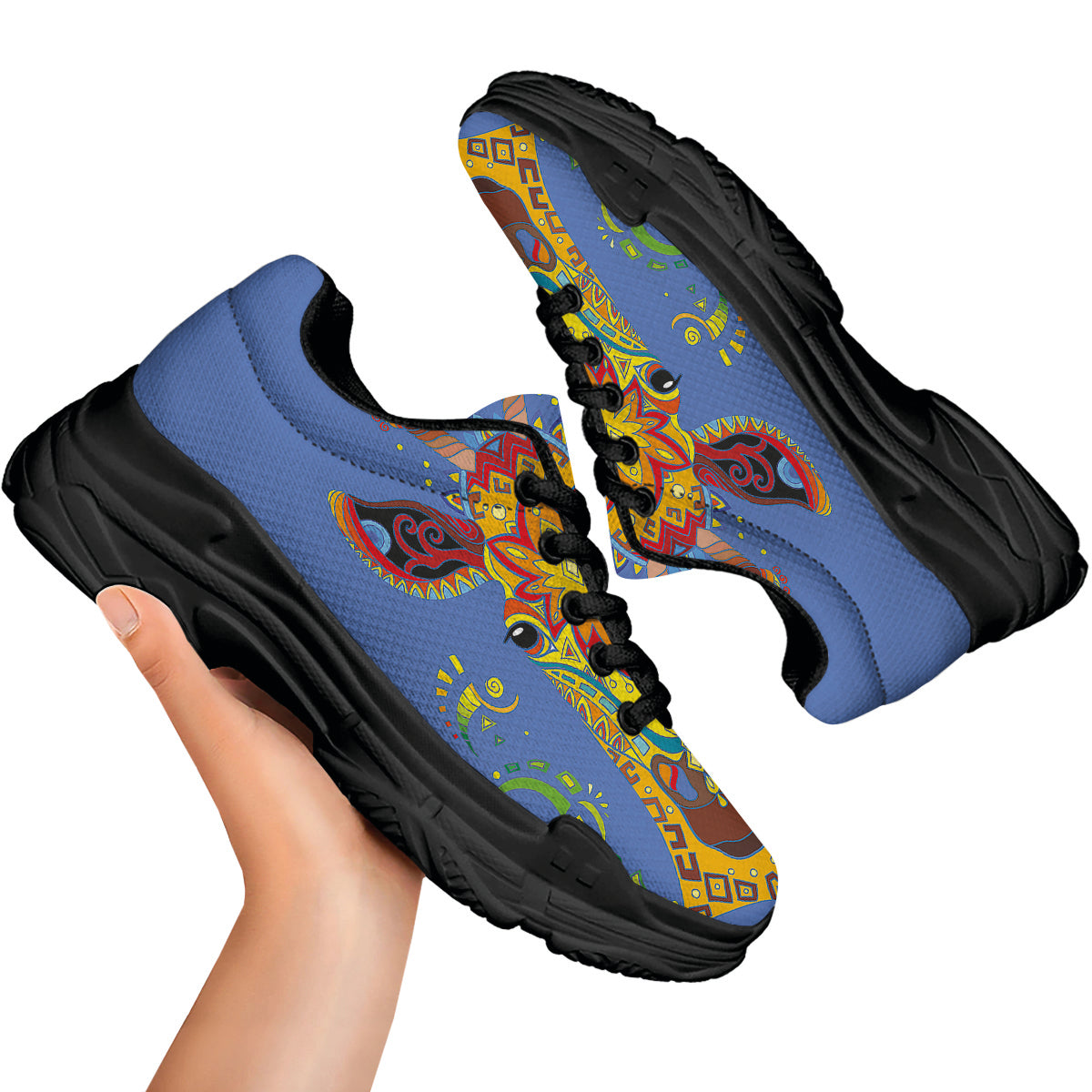 Portrait Giraffe Colorful Print Black Chunky Shoes-grizzshop