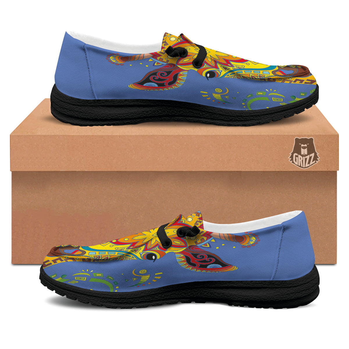 Portrait Giraffe Colorful Print Black Loafers-grizzshop