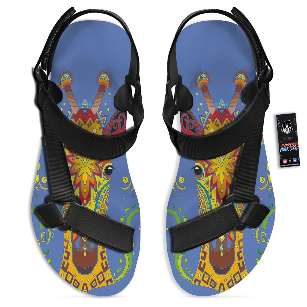 Portrait Giraffe Colorful Print Black Open Toe Sandals-grizzshop