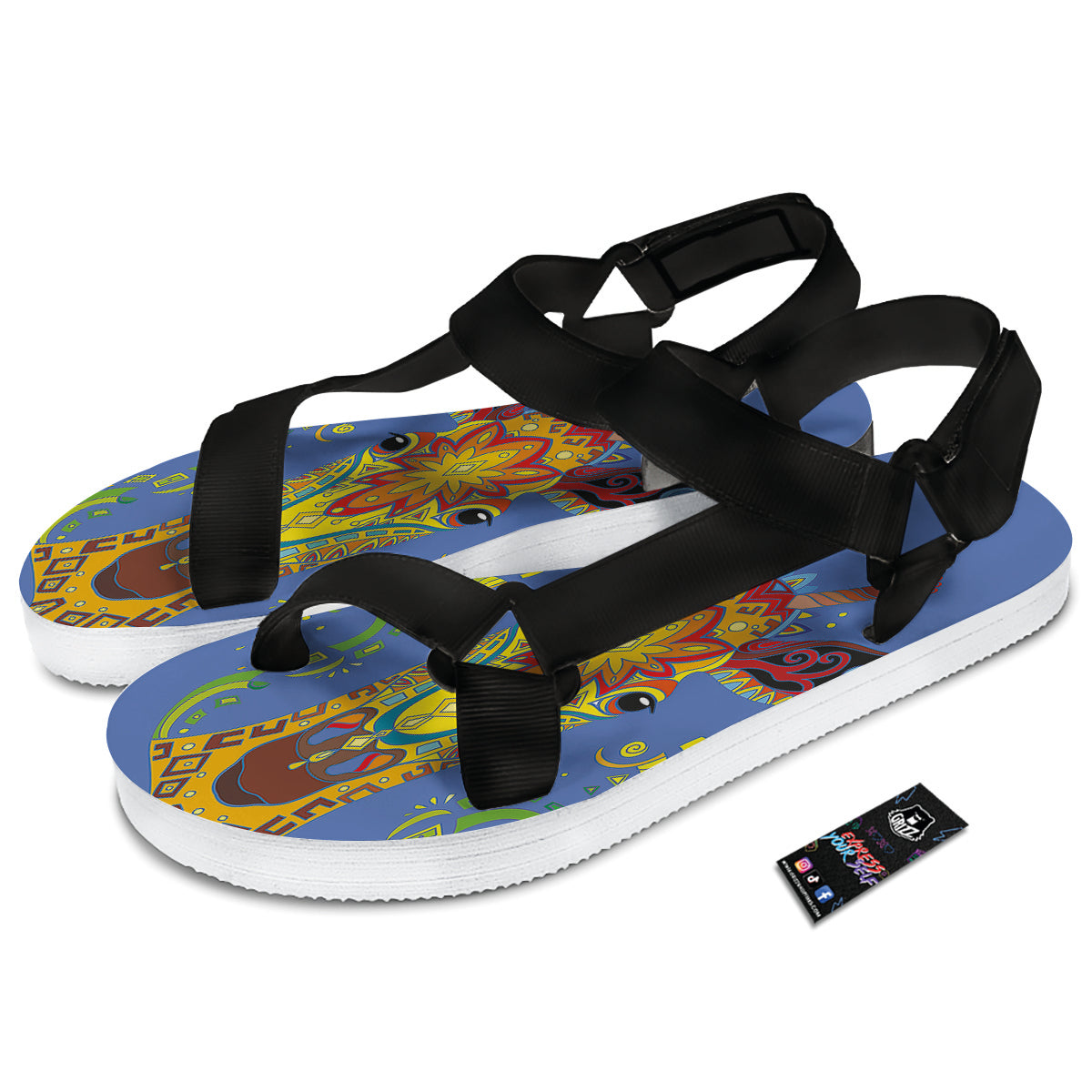 Portrait Giraffe Colorful Print Black Open Toe Sandals-grizzshop