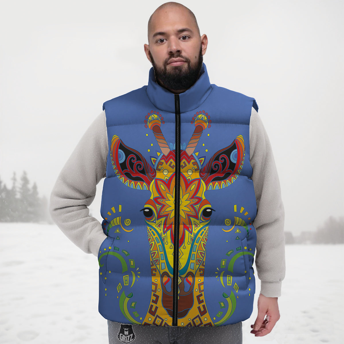 Portrait Giraffe Colorful Print Down Vest