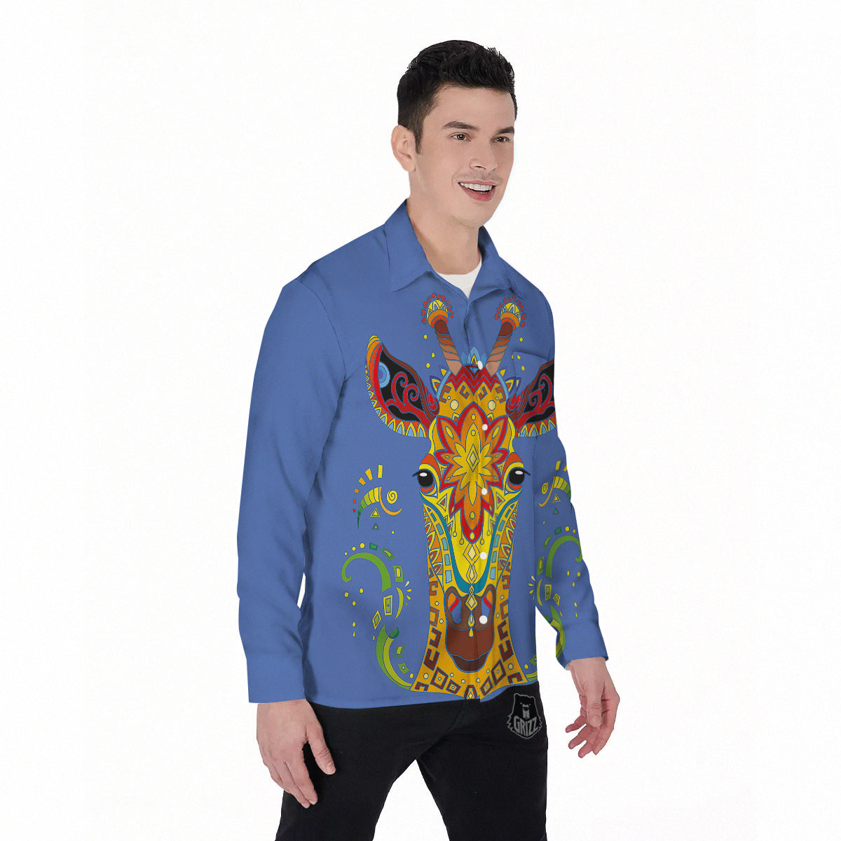 Portrait Giraffe Colorful Print Men's Long Sleeve Shirts-grizzshop