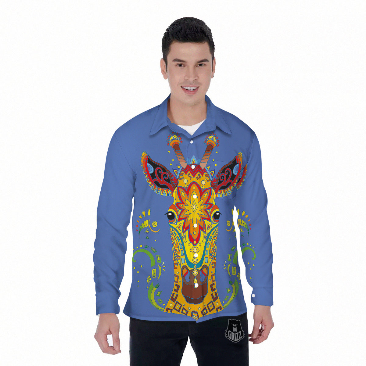 Portrait Giraffe Colorful Print Men's Long Sleeve Shirts-grizzshop