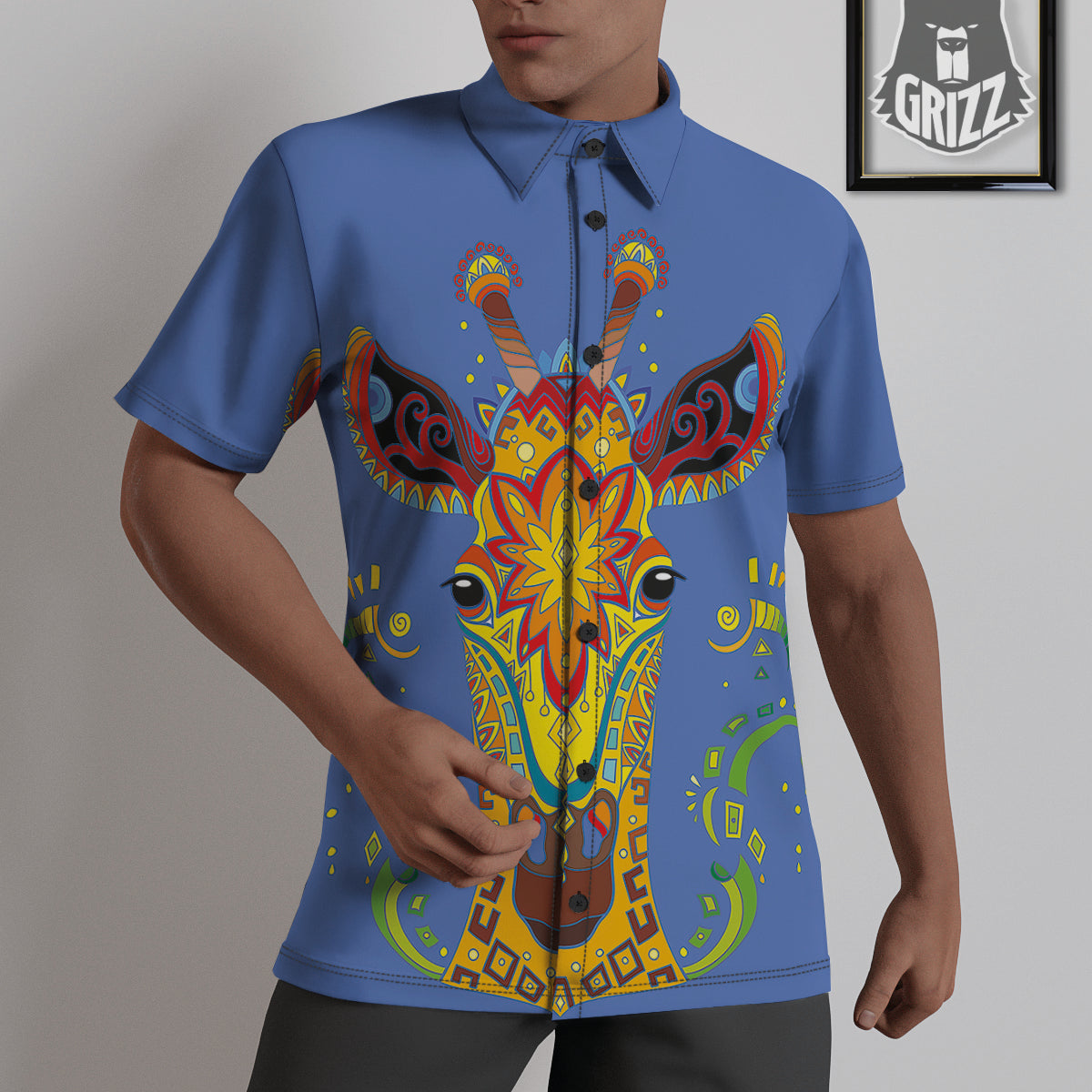 Portrait Giraffe Colorful Print Untucked Shirts-grizzshop