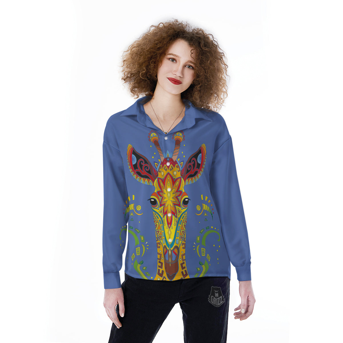 Portrait Giraffe Colorful Print Women's Long Sleeve Shirts-grizzshop