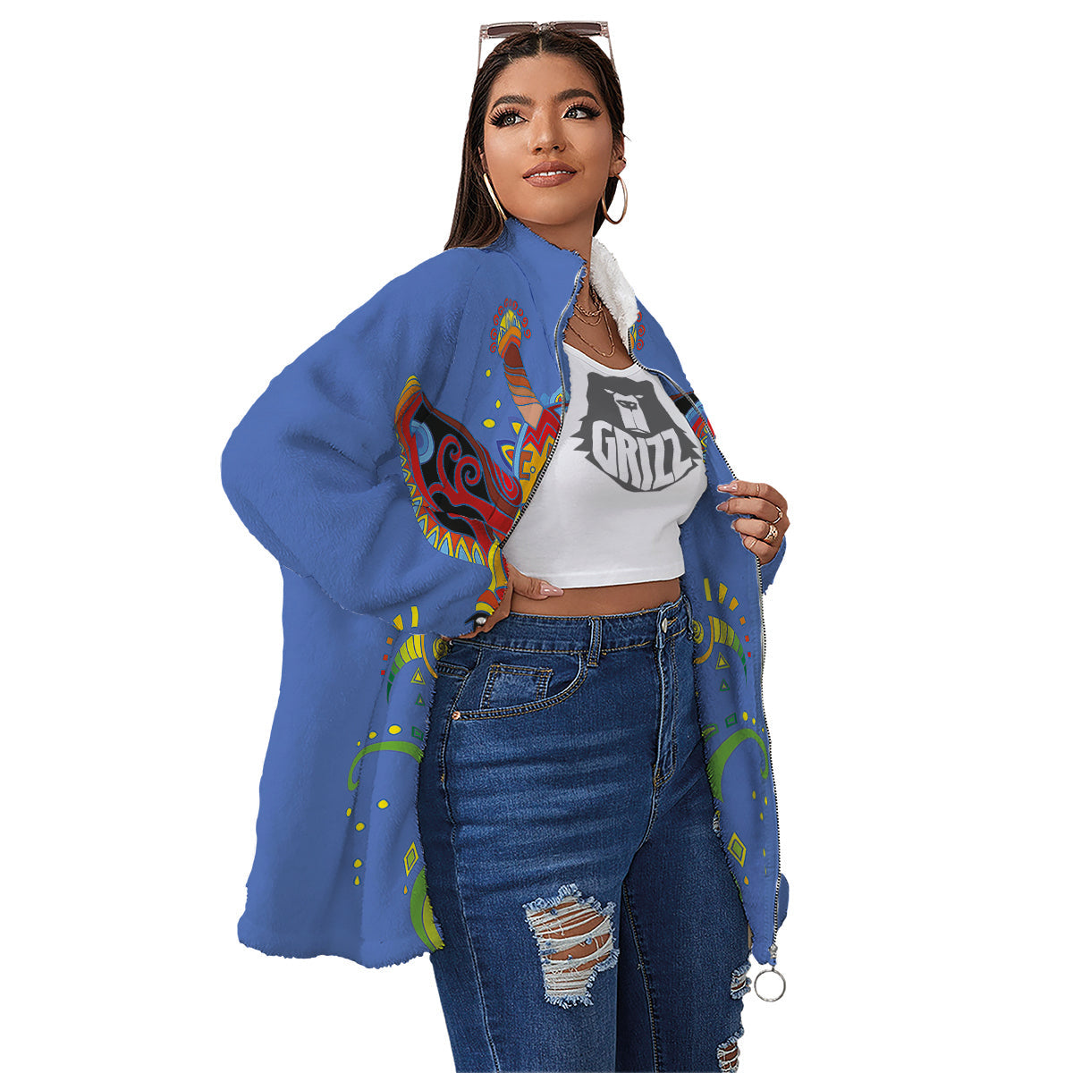 Portrait Giraffe Colorful Print Women's Sherpa Jacket-grizzshop