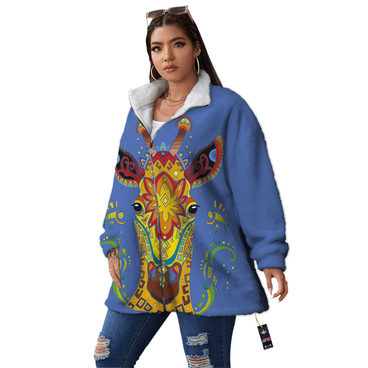 Portrait Giraffe Colorful Print Women's Sherpa Jacket-grizzshop