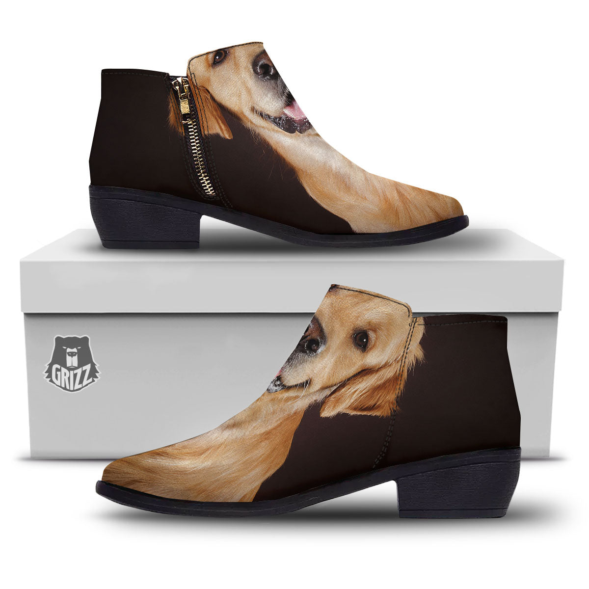 Portrait Golden Retriever Print Ankle Boots-grizzshop