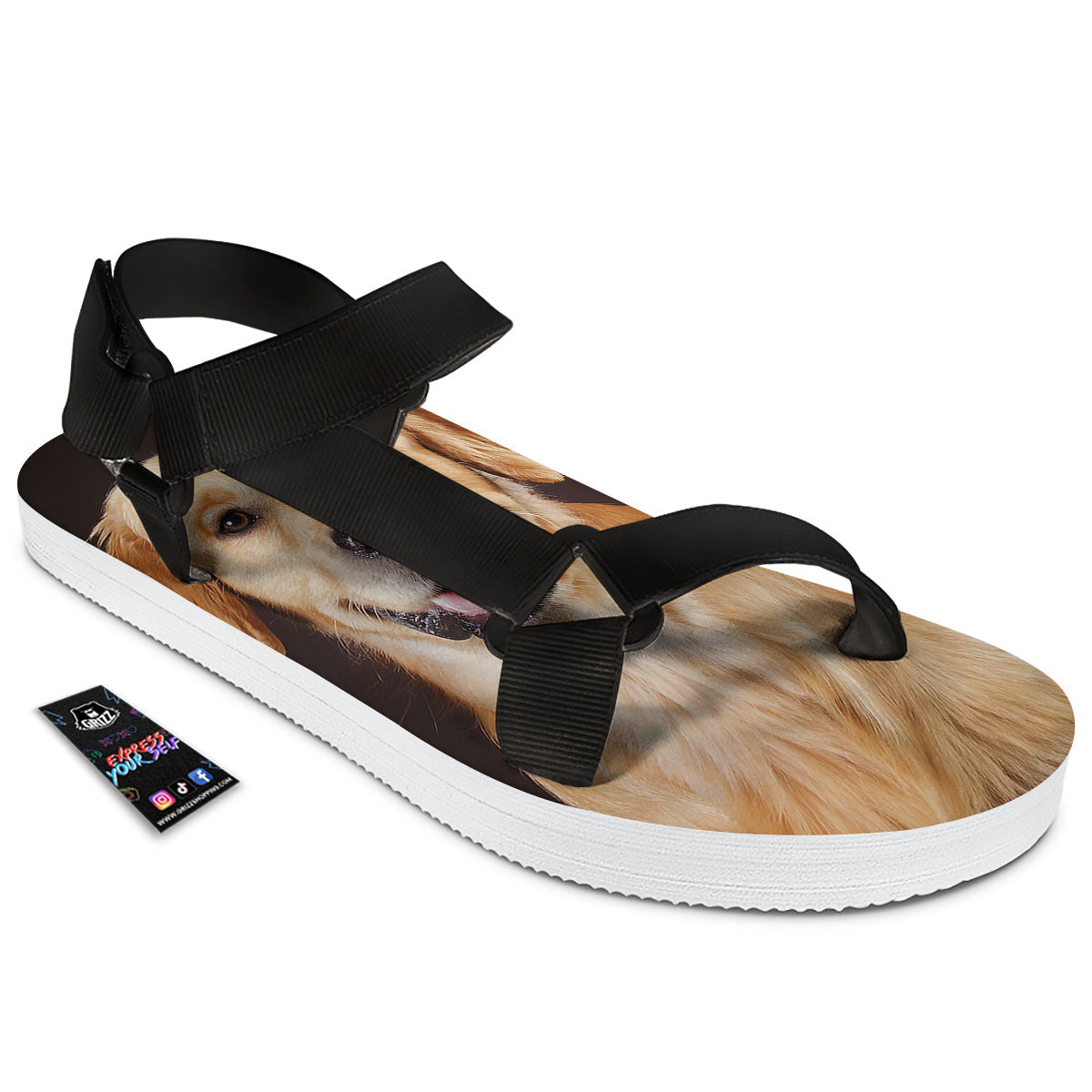 Portrait Golden Retriever Print Black Open Toe Sandals-grizzshop