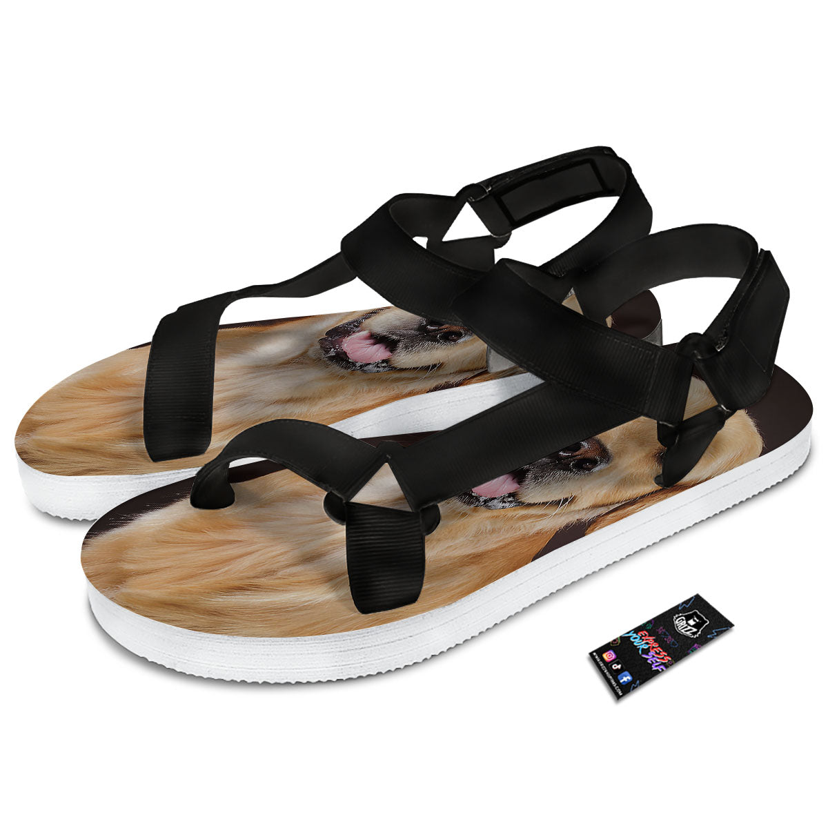 Portrait Golden Retriever Print Black Open Toe Sandals-grizzshop