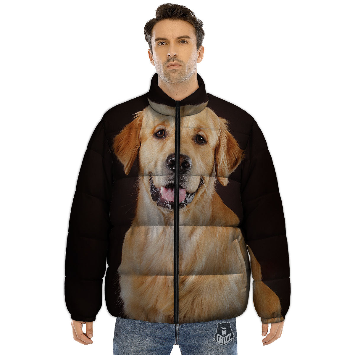 Portrait Golden Retriever Print Puffer Jacket-grizzshop